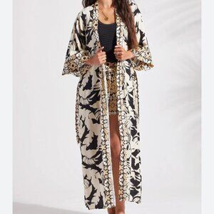 Palm Print Long Kimono In Black & Cream XIX Palms / Tribal
